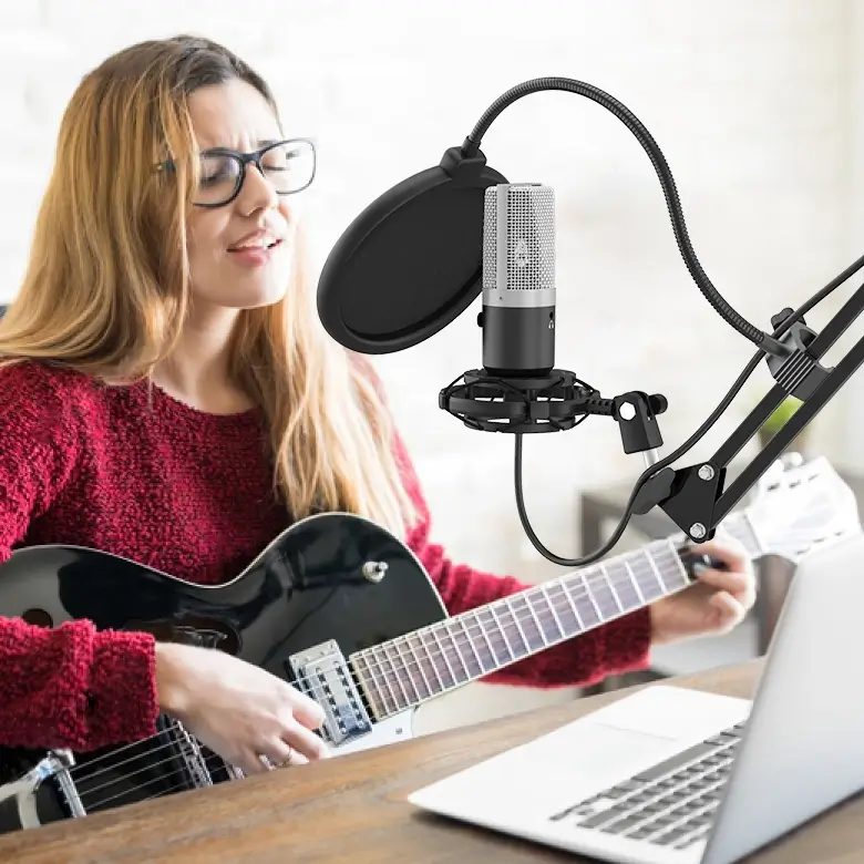 A studio condenser microphone on a boom arm